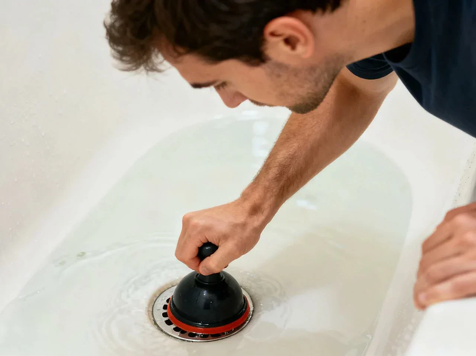 Man using a plunger in a bathtub filled with water. His expression shows focus. The bathtub is white, and no text is visible.