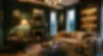Moody dark green living room with a linen sofa, fireplace, and brass accents.
Luxury forest green living room with warm cinematic lighting and cozy furniture.
Dark green paneled living room featuring warm lighting, a fireplace, and a light sofa.