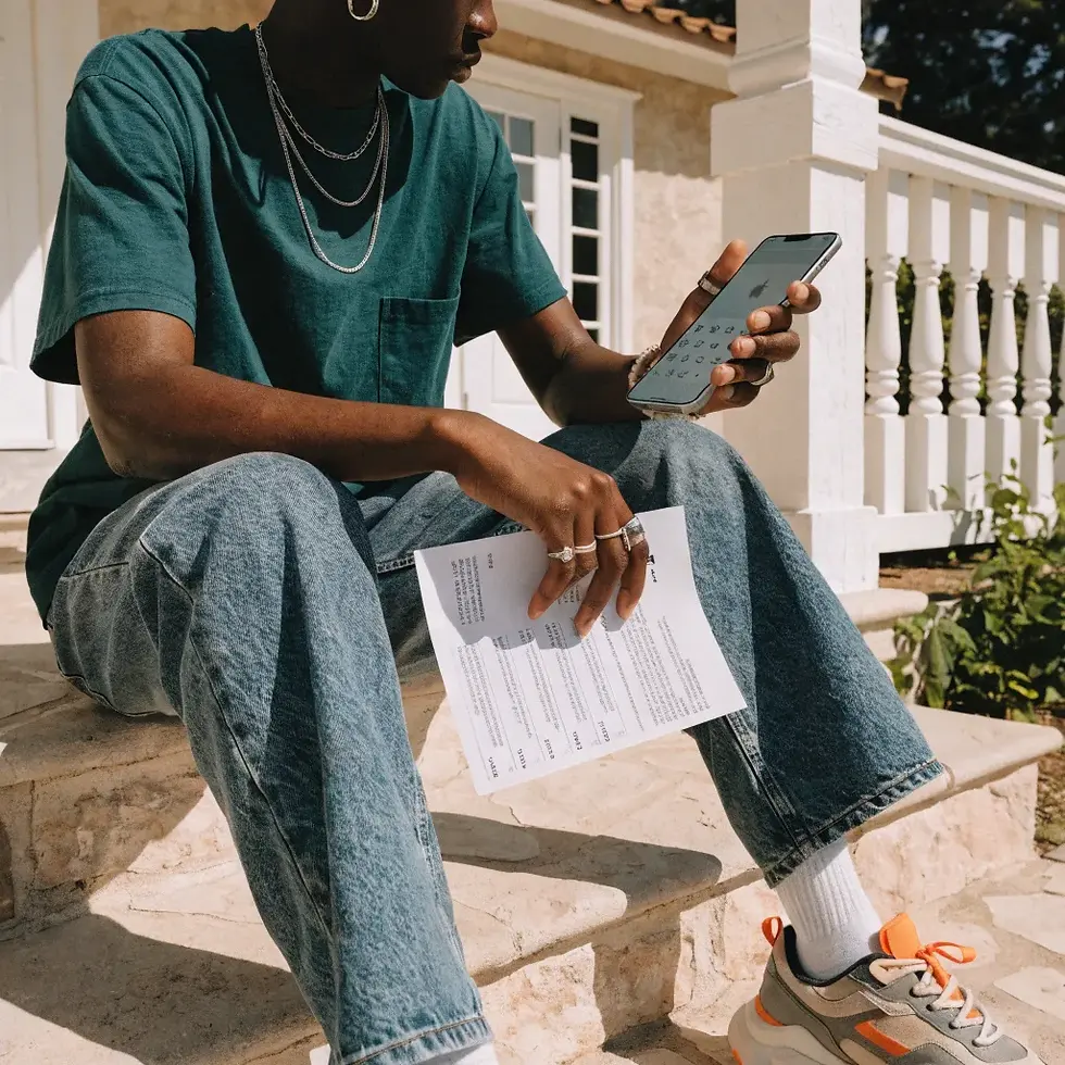 Person in green shirt sits on steps, holding a phone and paper, wearing jeans and sneakers. Outdoor setting with white railing.