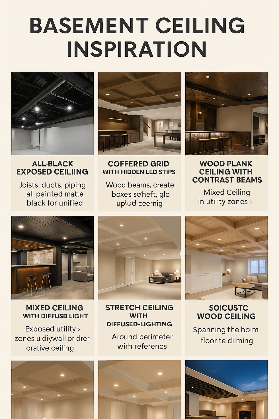 Grid of basement ceiling designs: all-black, coffered, wood plank, mixed, stretch, and wood. Each features lighting and architectural accents.