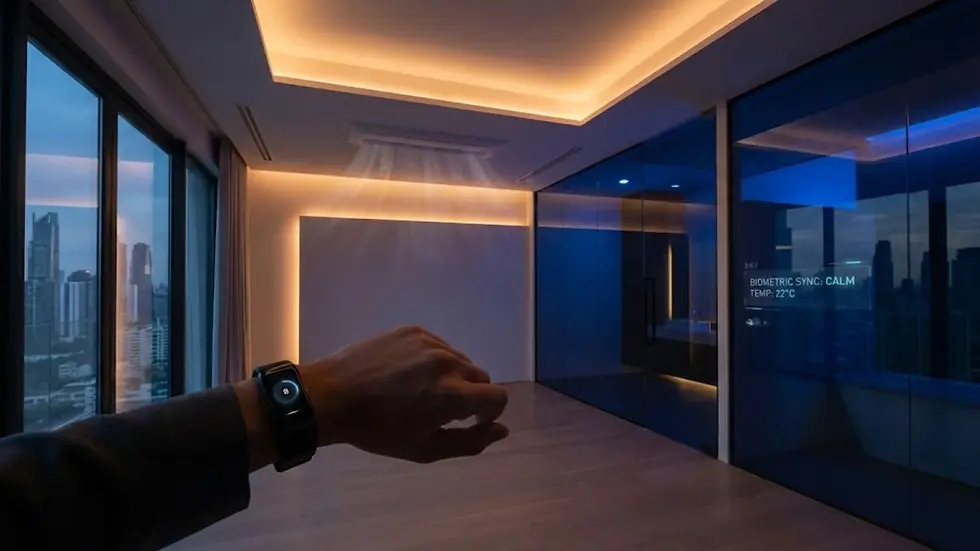 A hand with a smartwatch controls a smart home’s lighting. Blue-tinted windows show a city skyline. Text reads "BIOMETRIC SYNC: CALM. TEMP: 22°C".