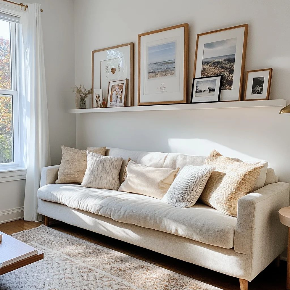 Bright room with a beige sofa and assorted pillows. Framed photos and art on a shelf above. Sunlight filters through a window, creating a cozy mood.
