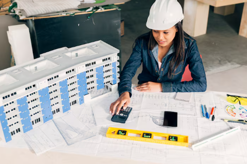 Woman in hard hat working with calculator and blueprints at desk featuring a scale model building. Calm focus in a construction setting.