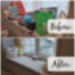 Before and after of a window seat. The top image shows clutter with bags and boxes. The bottom is tidy with cushions and a tissue box.