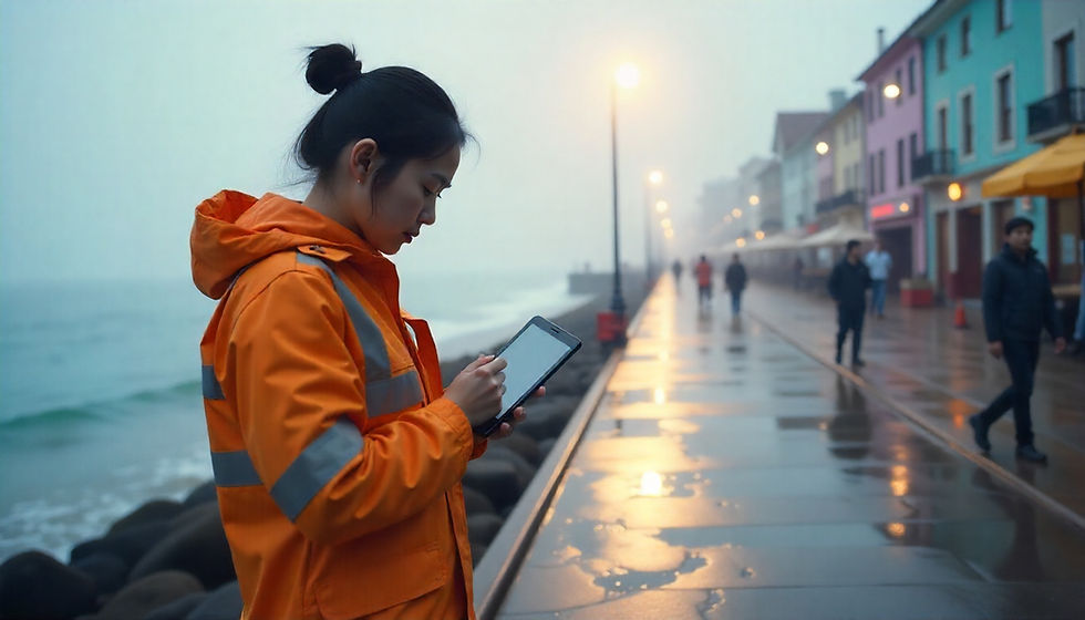 Woman in orange jacket uses tablet on a rainy, misty boardwalk. Colorful buildings and streetlights glow in the background.