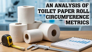 Toilet paper rolls on a desk with a measuring tape and notebook. Text reads "An Analysis of Toilet Paper Roll Circumference Metrics."