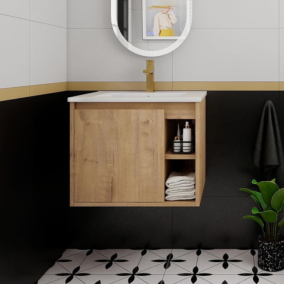 A modern bathroom with a floating vanity, integrated sink, warm accent lighting, and decor like candles and plants. Ideal for showcasing Teak Bathroom Vanities for a Luxurious Bathroom Upgrade