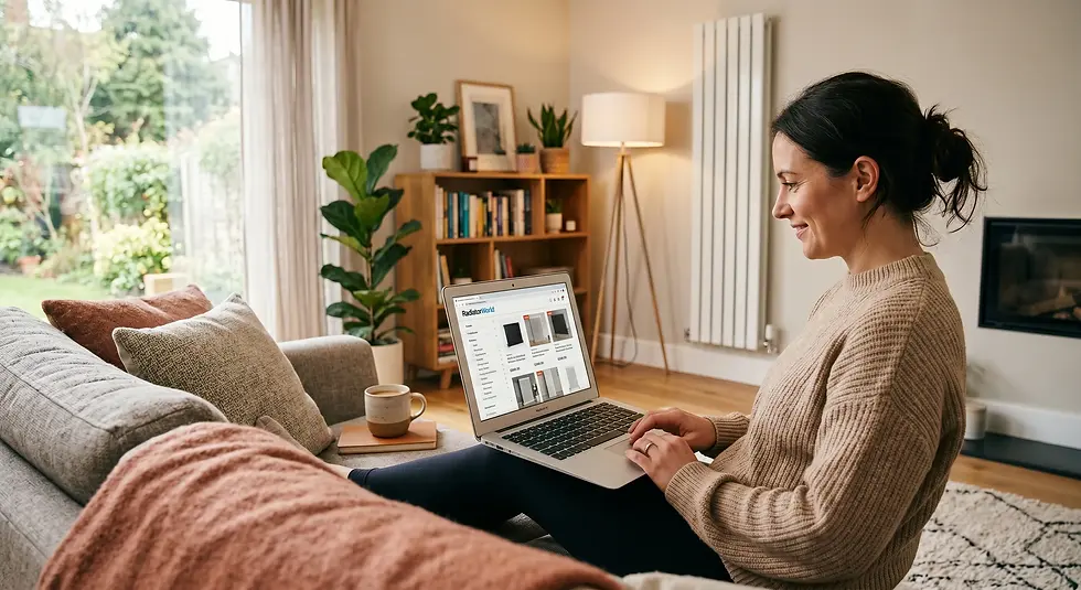A smiling woman sits comfortably on a cozy living room sofa, browsing an online radiator store on her laptop. The modern, well-lit space features a large window, indoor plants, a wooden bookcase, and a tall white vertical radiator mounted on the wall behind her.