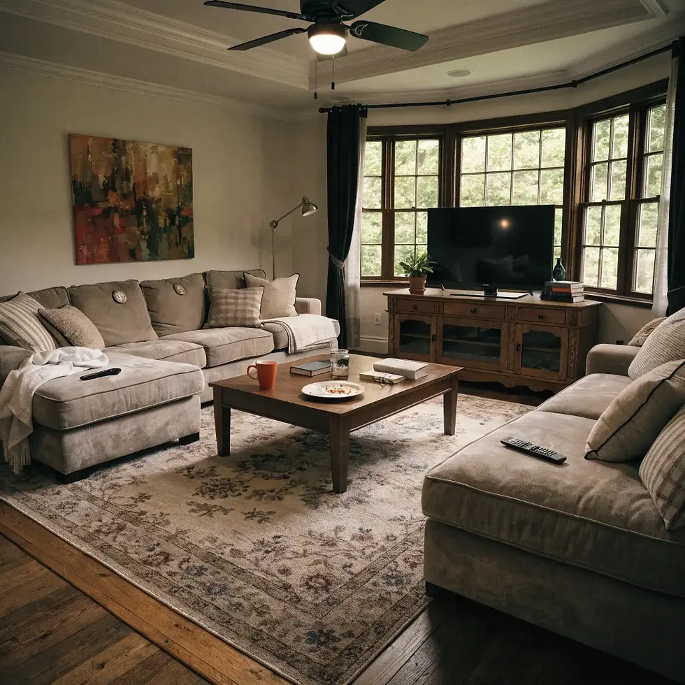 Cozy living room with beige sofas, a wooden coffee table, and a TV. Large windows, patterned rug, abstract painting, and remote controls visible.
