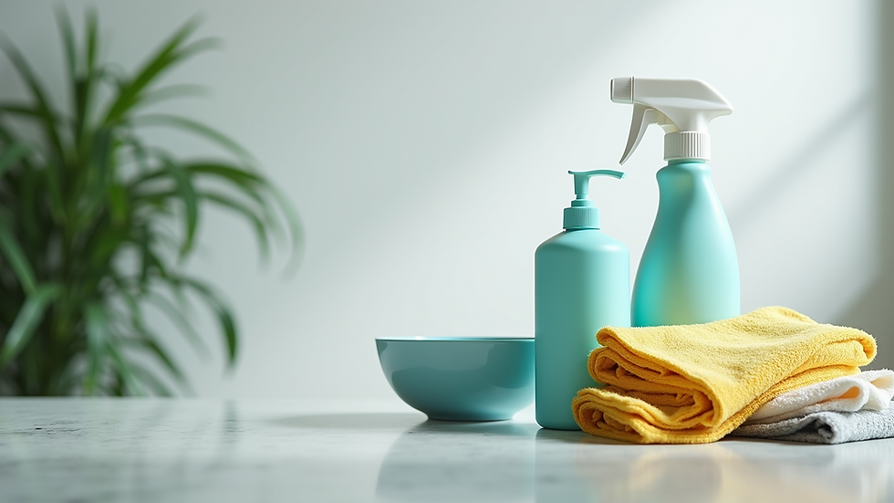 Eye-level view of cleaning supplies for carpet stains