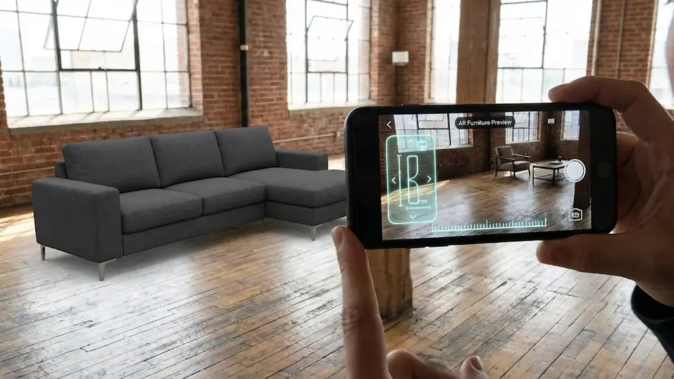 AR app displays virtual sofa in a brick loft on a smartphone. Real room has wood floors, large windows, and a gray sofa.