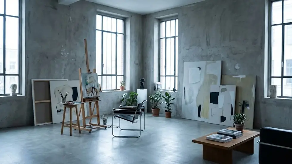 Art studio with abstract paintings on easels and walls, a table with books, and potted plants. Large windows and concrete walls create a serene atmosphere.