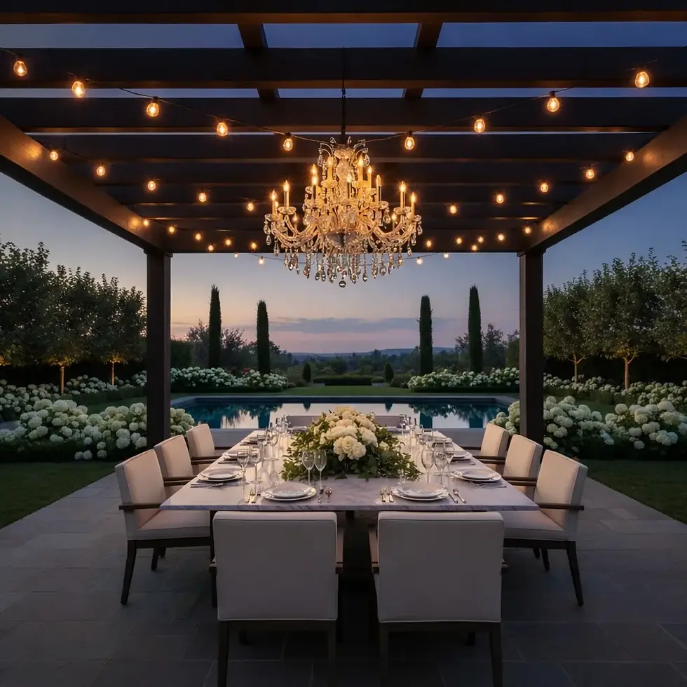 Outdoor dining table set for twelve under lit pergola with a chandelier at dusk. Surrounded by gardens and a pool, creating an elegant mood.