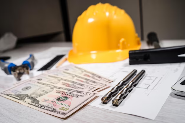 Yellow hard hat, dollar bills, drill bits, blueprints, and pen on a desk. Tools in the background suggest a construction planning scene.