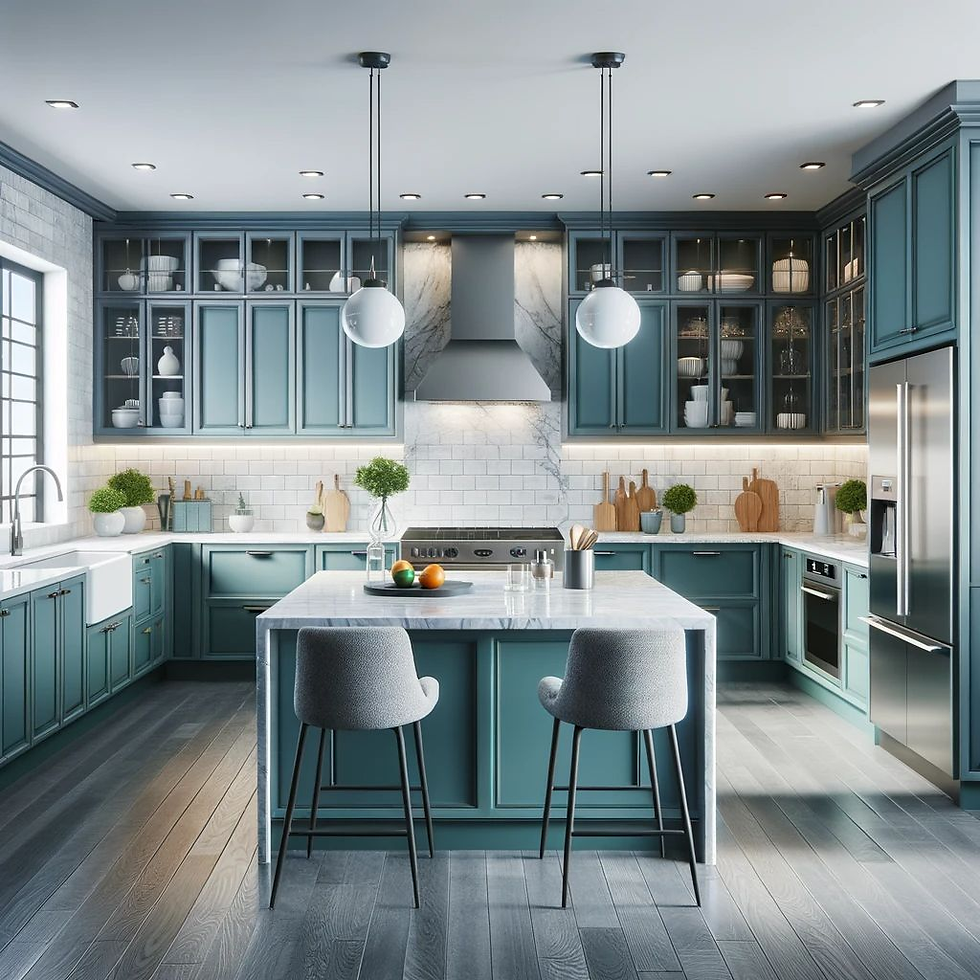 Modern kitchen with teal cabinets, marble counters, and stainless steel appliances. Wooden floor, pendant lights, and decor add a cozy feel.