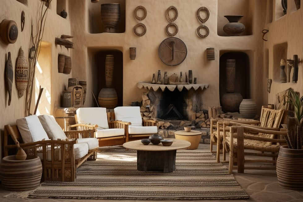 Rustic living room with wicker chairs, a round wooden table, and a fireplace. Earthenware pots and tribal decor adorn the beige walls. Cozy mood.