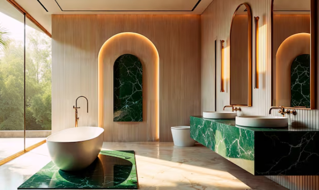 Luxurious bathroom with a white oval tub on a green marble platform, large mirrors, dual sinks, and greenery visible through glass walls.