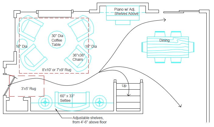 Floor plan sketch with labeled furniture: coffee table, chairs, settee, rugs, piano with shelves, dining area. Arrows indicate movement.