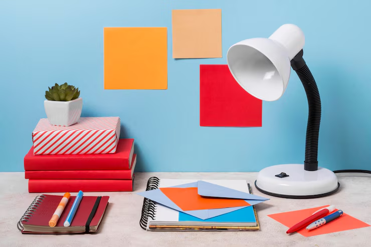 Desk with white lamp, colorful sticky notes on blue wall, red books, potted plant, notebooks, pens, and paper. Bright, organized setup.