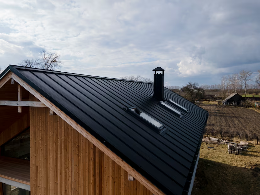 Wooden house with a black metal roof and skylights, set in a rural landscape under a cloudy sky. Fields and trees are visible.