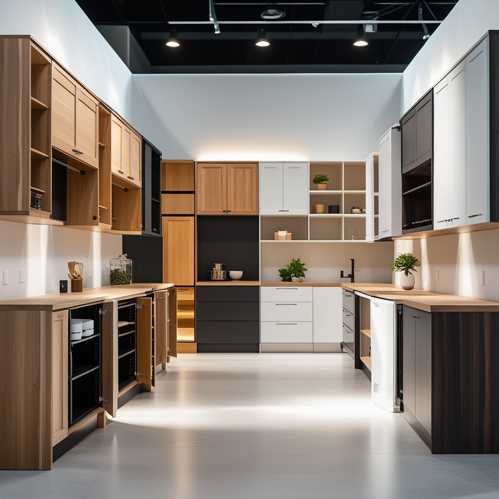Modern kitchen with sleek wood and white cabinets, black accents, potted plants, and under-cabinet lighting. Bright, minimal design.