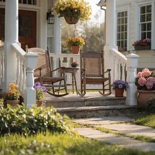 Two wooden rocking chairs on a sunny porch with colorful flowers in pots, a small table with a mug, creating a peaceful, inviting scene.