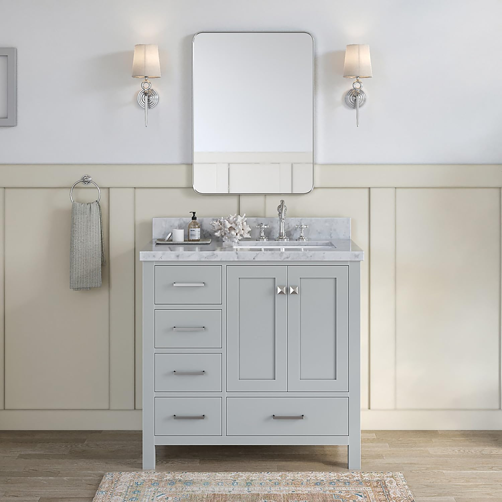 The image shows a modern bathroom with a deep vanity for compact spaces, featuring open shelving and a vessel sink. A glass shower and large mirror create an open, stylish look