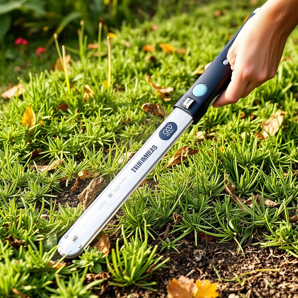 Hand using a silver blade labeled "TRIMMERS" to cut green plants in a garden. Brown soil and fallen leaves, sunny setting.
