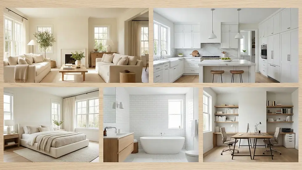 Collage of five minimalist rooms: living, kitchen, bedroom, bathroom, office. Neutral tones, natural light, wooden accents, serene mood.