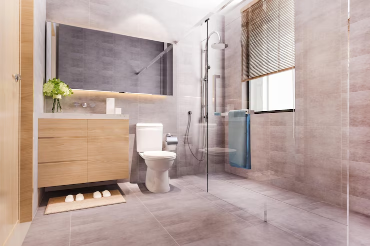 Modern bathroom with wooden cabinets, a toilet, and a glass shower. Gray tiles, a large mirror, and window blinds create a clean, serene feel.