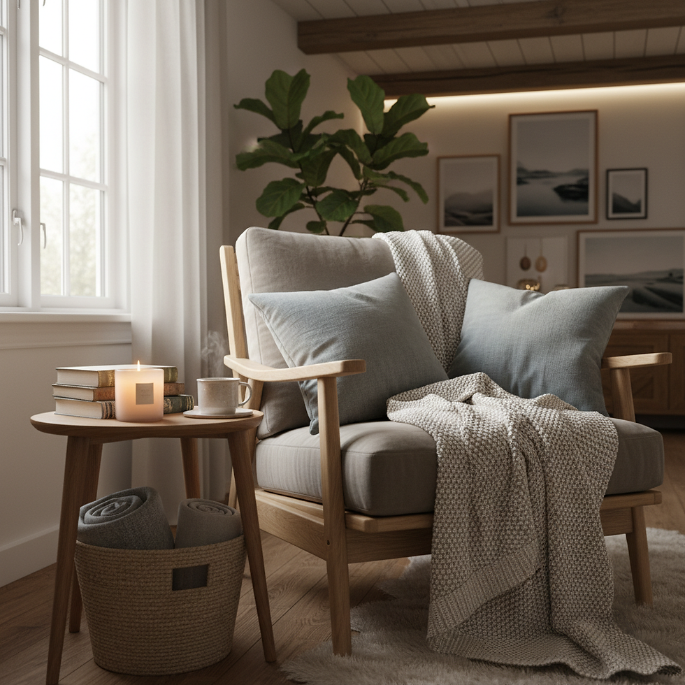 Cozy living room with an armchair, blue cushions, and a woven blanket. A lit candle on a table, books, and mug create warmth. Plants and soft light.
