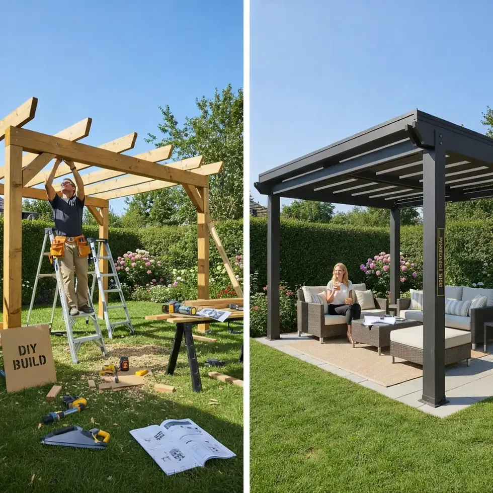 Left: Person builds a wooden pergola in a garden, tools visible. Right: Woman relaxes under a finished pergola, surrounded by greenery.