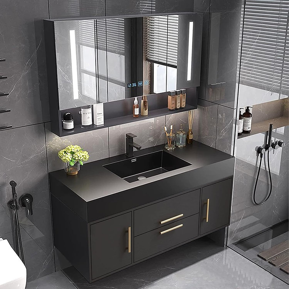 The image shows a sleek marble bathroom vanity with a polished countertop, natural grey veining, and neatly arranged toiletries, set against white tile walls and bright vertical lighting