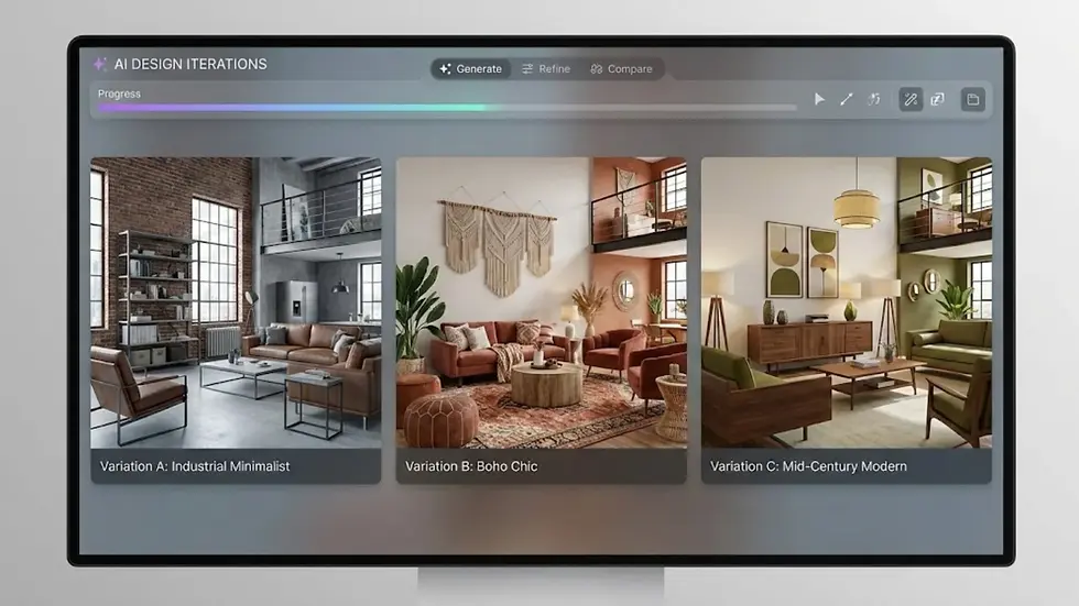 Screen displaying AI-designed interiors: Industrial Minimalist, Boho Chic, and Mid-Century Modern. Progress bar and control buttons visible.