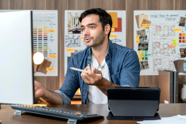 Man in a denim shirt holding a pen, talking, seated at a desk with a computer. Background features design boards and wooden panels.