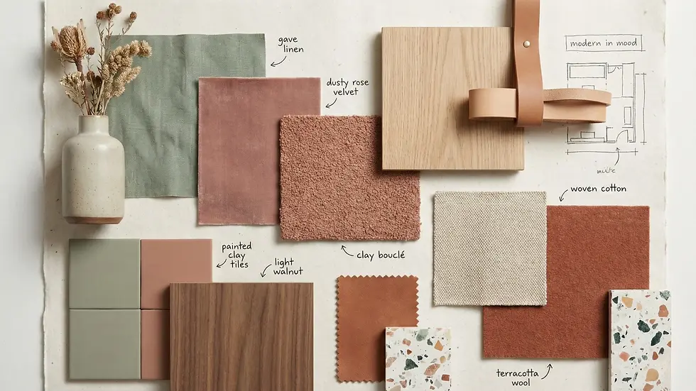 Fabric and material swatches in earthy tones on a beige backdrop. Includes linen, velvet, boucle, wood, leather, tiles, and sketches.