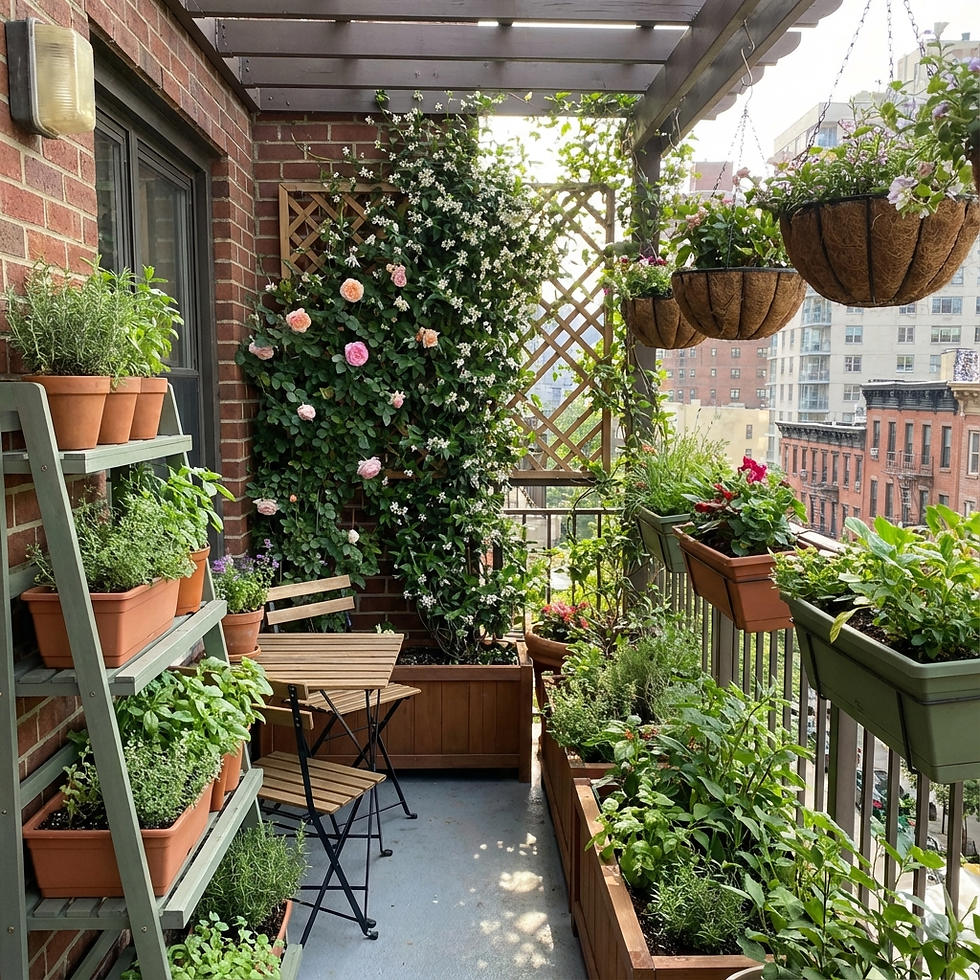 Rooftop balcony with potted herbs, flowers, and climbing plants. Wooden chairs and table set under a pergola against a city skyline backdrop.