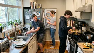 Three people in a kitchen: one washing dishes, another cooking vegetables, and a third getting milk from the fridge. Bright, organized space.