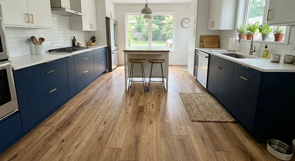 Modern kitchen with blue and white cabinets, wood floor, and central island. Two stools are under the island, and large window views a garden.