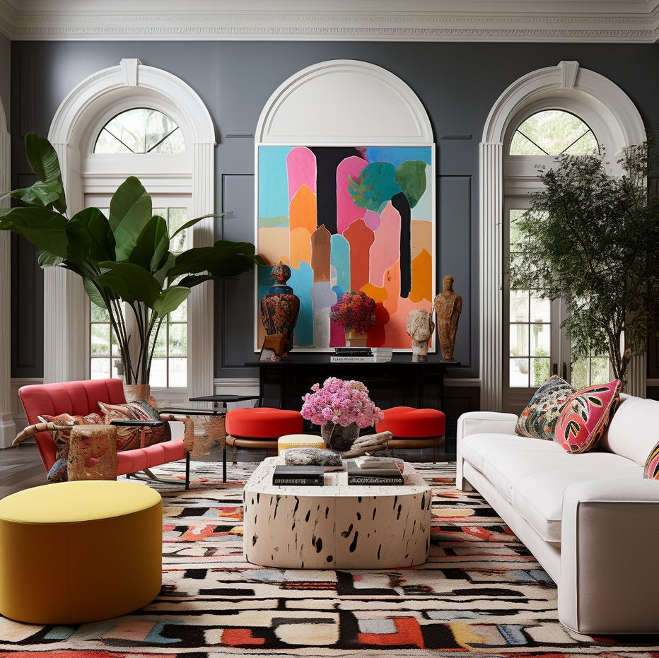 Elegant living room with colorful abstract painting, red and white sofas, yellow ottoman, large plants, and a patterned rug creating a vibrant mood.