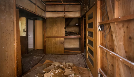 Abandoned wooden room with peeling wallpaper and debris scattered on the floor. Exposed beams and open cabinet doors suggest disrepair.