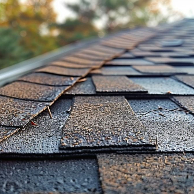 Close-up of a dark shingle roof with dew drops, nails visible, and blurred green foliage background in soft morning light.