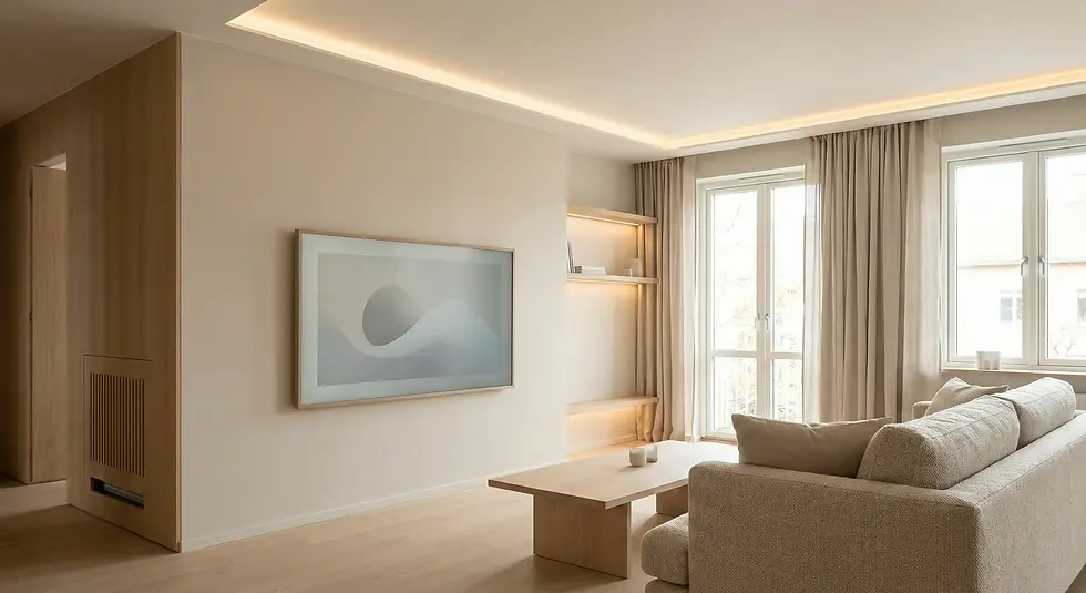 Minimalist living room with beige decor, abstract art on the wall, beige sofa, wooden coffee table, shelves, soft lighting, and large windows.