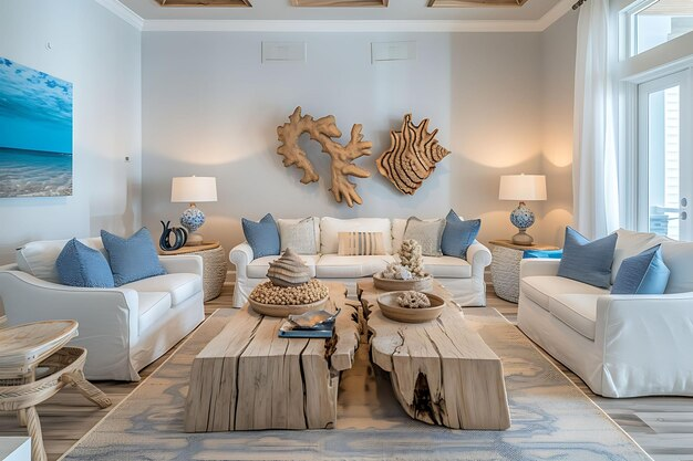 Coastal-themed living room with white sofas, blue cushions, and wooden decor. Large driftwood coffee table, seashells, and beach art. Bright and serene.