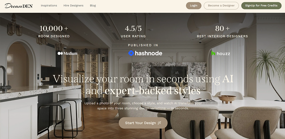 Modern kitchen and living room with beige tones and marble accents. Text: "Visualize your room in seconds using AI and expert-backed styles."
