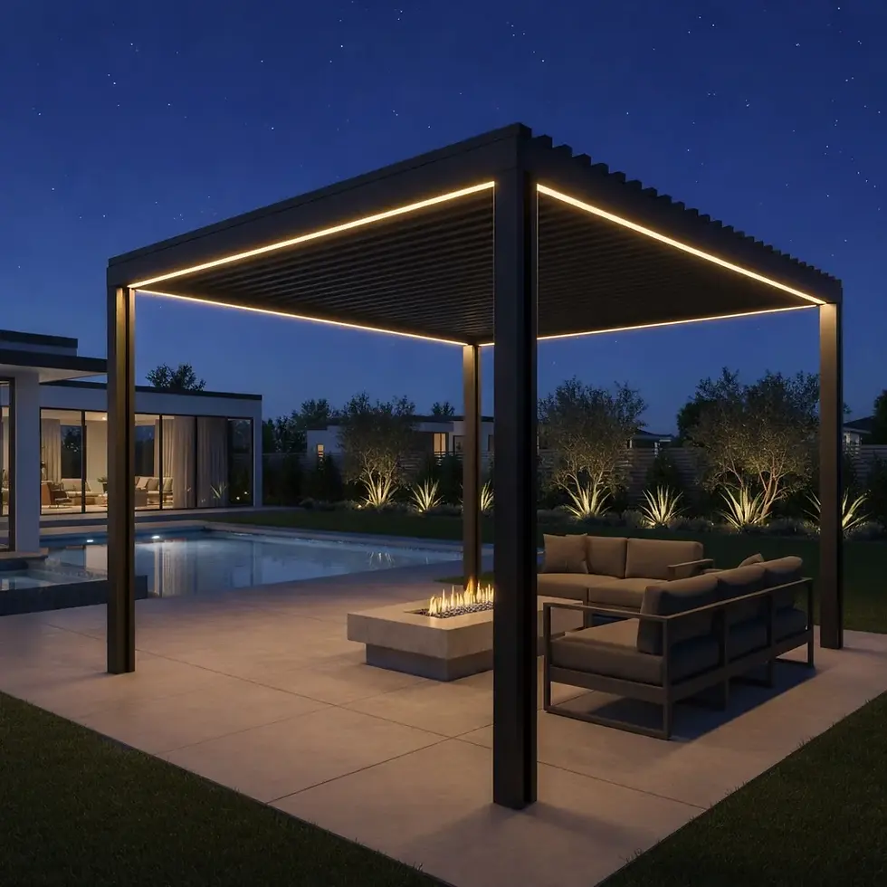 Modern patio at night with a pergola, lit fireplace, and cozy sofas by a pool. Soft garden lights create a serene ambiance.