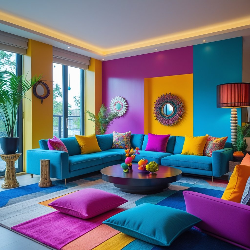 Colorful living room with blue, pink, and yellow walls, vibrant cushions, modern decor, and a geometric rug. Bright, cheerful ambiance.