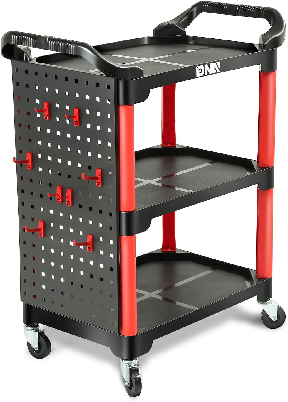 Black and red utility cart with three shelves and caster wheels. Side pegboard with red hooks. Branding text "DNA" visible.