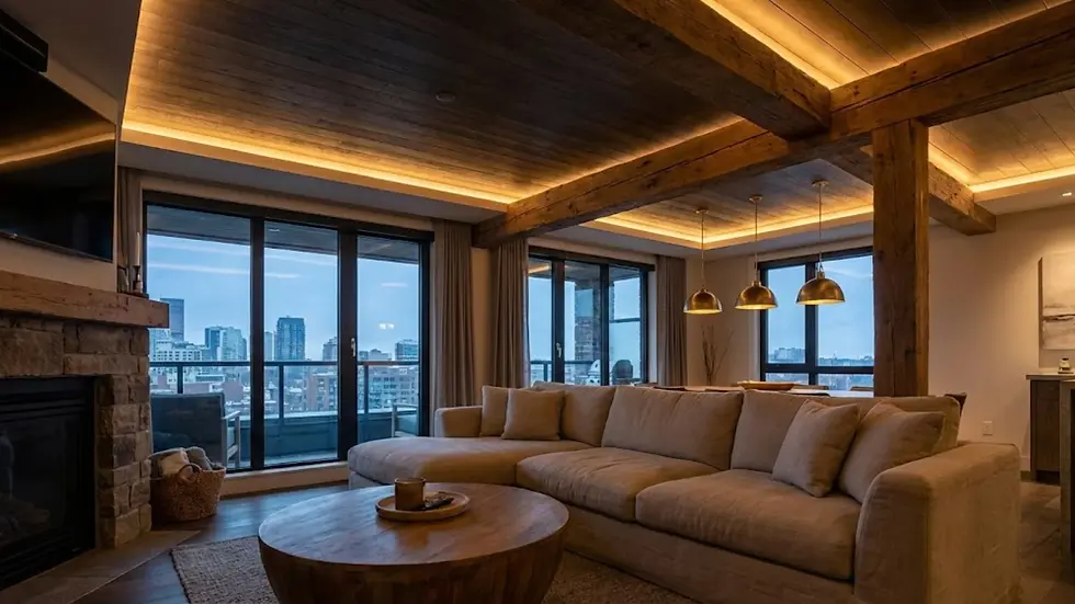 Cozy living room with a beige sofa, wooden beams, pendant lights, and city view through large windows. Warm lighting creates a serene mood.