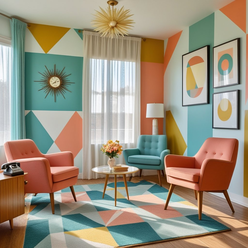 Retro living room with colorful geometric walls, mid-century chairs, round glass table, and sunburst clock. Bright, cheerful atmosphere.